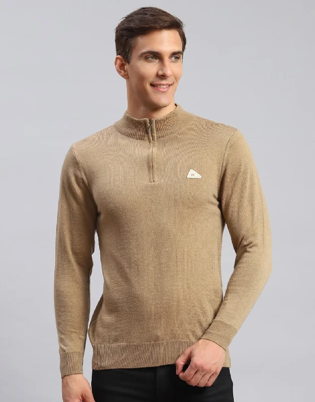 Chic Essentials Men Brown Solid High Neck Full Sleeve Pullover