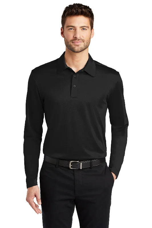 Classic Retro Port Authority Mens Silk Touch Performance Moisture Wicking Long Sleeve Polo Shirt - Black