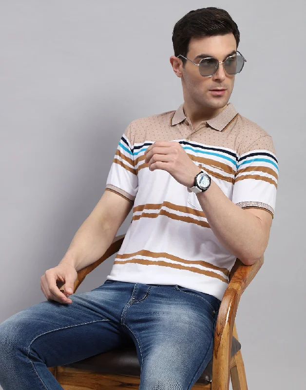 Sophisticated Edge Men Peach Stripe Polo Collar Half Sleeve T-Shirt