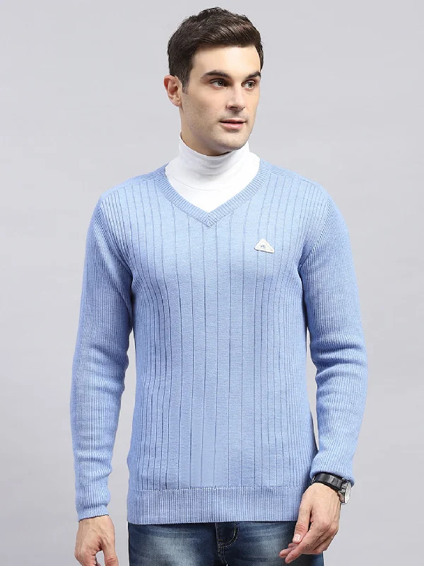 Monochrome Essentials Men Sky Blue Solid V Neck Full Sleeve Pullover