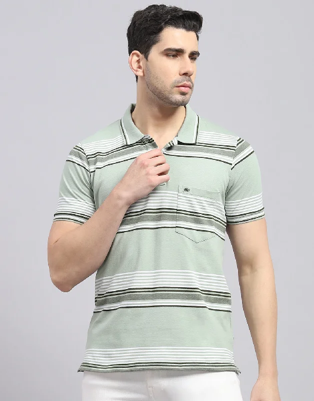 Clean Lines Men Green Stripe Polo Collar Half Sleeve T-Shirt