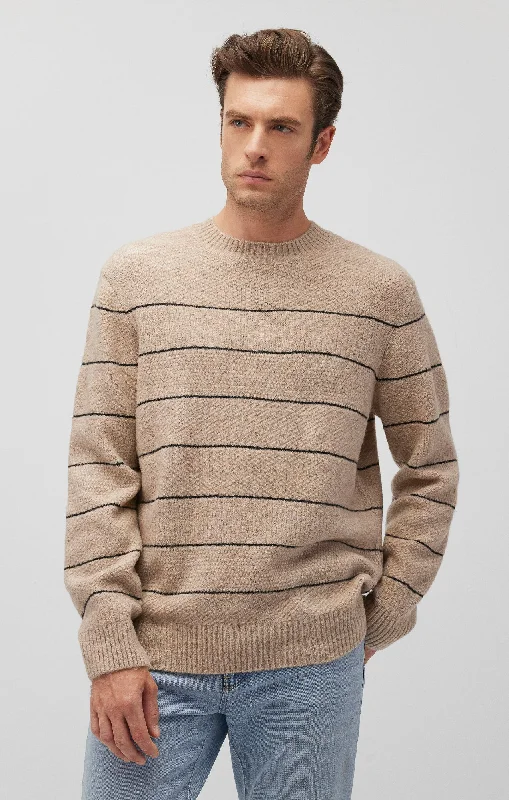 Sporty Elegance STRIPED CREW NECK SWEATER IN OATMEAL MELANGE