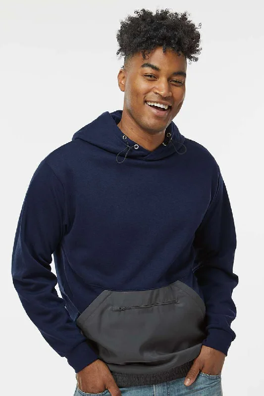 Urban Prints MV Sport Mens Mixed Media Hooded Sweatshirt Hoodie w/ Pocket - Navy Blue/Charcoal Grey