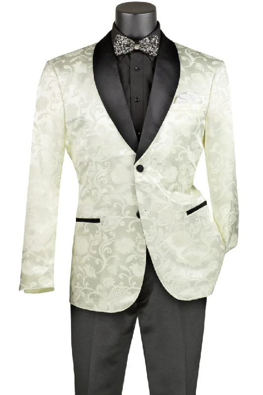 Sophisticated Minimalism Slim Fit Silky Jacquard Fabric Sport Coat Single Breasted 2 Buttons with Bow Tie Ivory