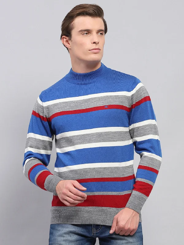 Contemporary Minimalism Men Grey Stripe High Neck Full Sleeve Pullover