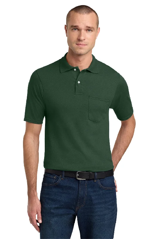 High-End Minimalism Jerzees Mens SpotShield Stain Resistant Short Sleeve Polo Shirt w/ Pocket - Forest Green