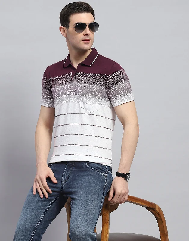 Minimalist Tailoring Men Maroon Stripe Polo Collar Half Sleeve T-Shirt