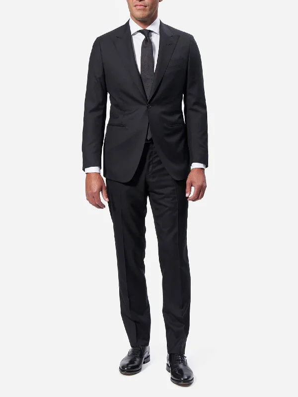 Retro Elegance Black Wool Twill Peak Lapel Cocktail Suit