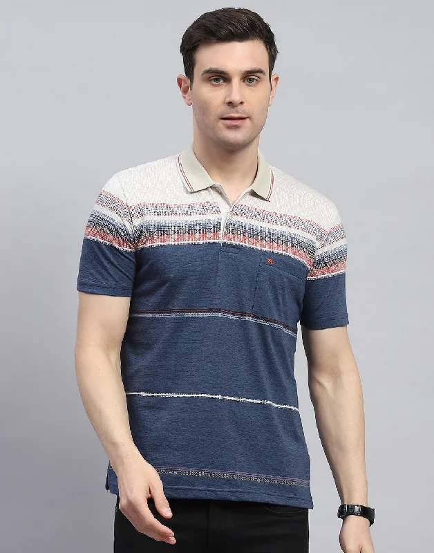 Earthy Minimalism Men Navy Blue Stripe Polo Collar Half Sleeve T-Shirt