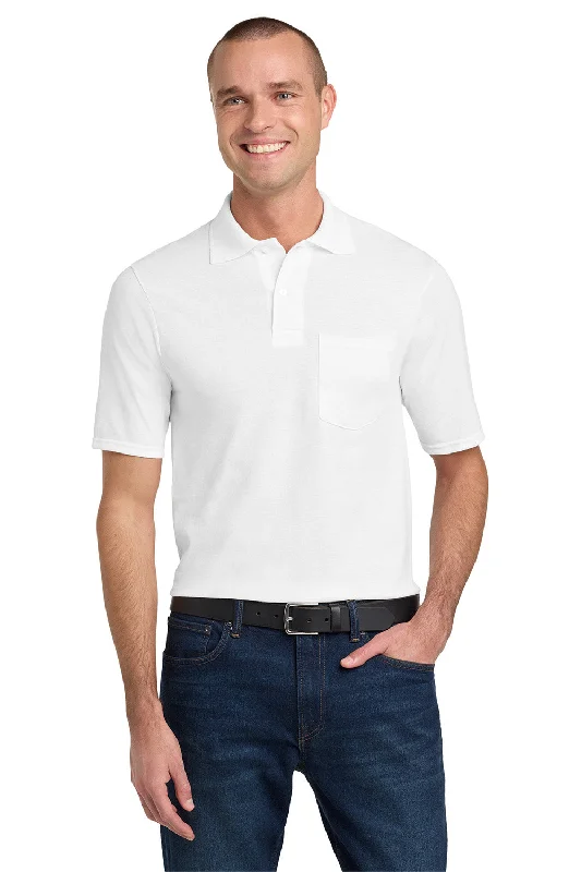 Tailored Utility Jerzees Mens SpotShield Stain Resistant Short Sleeve Polo Shirt w/ Pocket - White