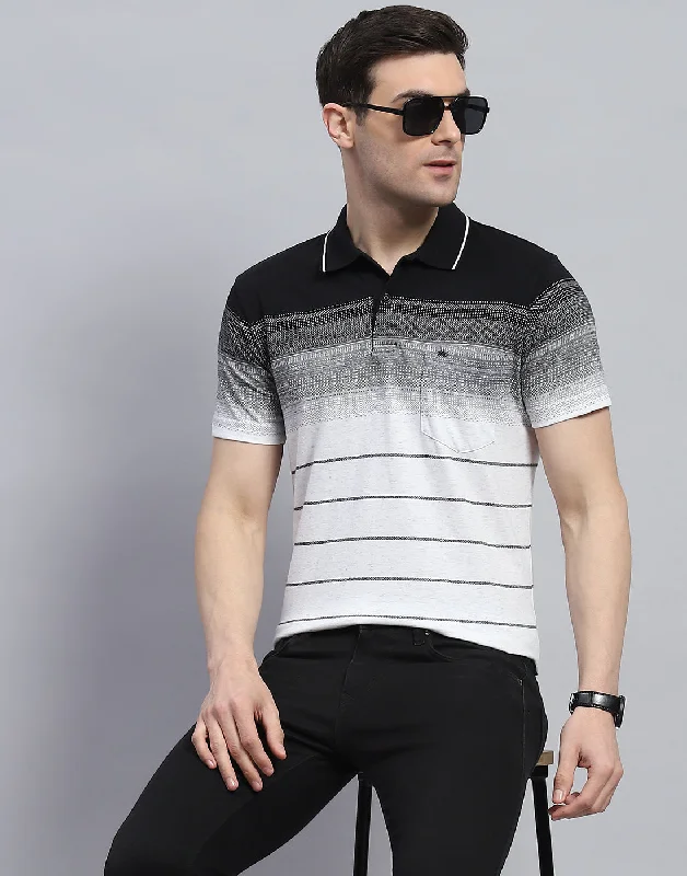 Cozy Layers Men Black Stripe Polo Collar Half Sleeve T-Shirt