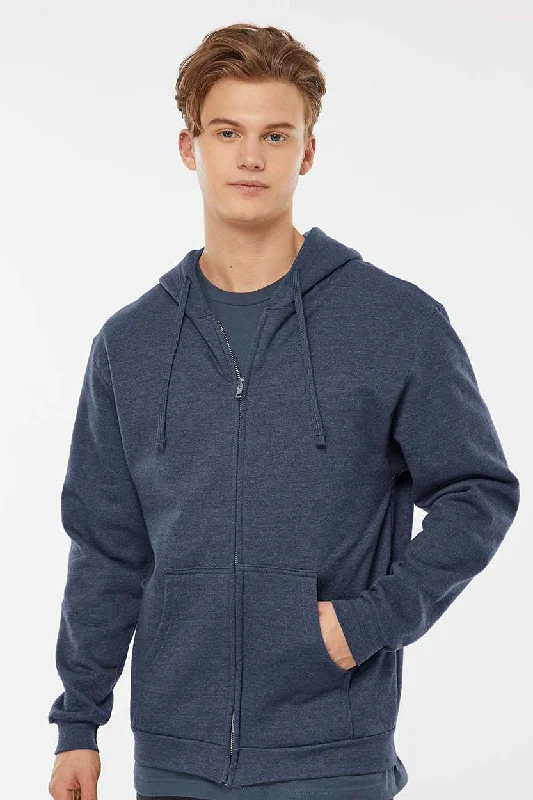 Chic Basics Tultex Mens Full Zip Hooded Sweatshirt Hoodie w/ Pockets - Heather Denim Blue