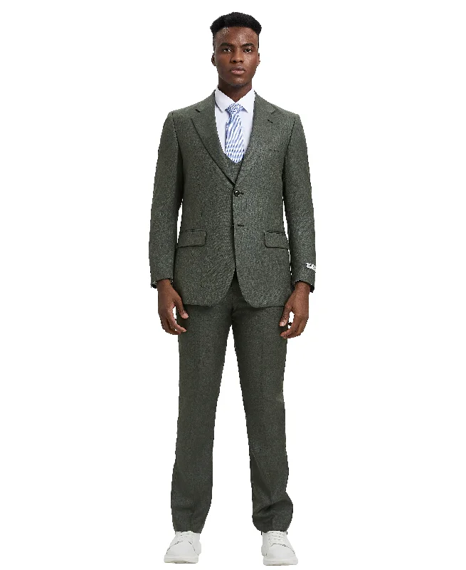 Chic Basics Stacy Adams Hybrid-Fit Textured Suit w/ Double Breasted Vest, Dark Olive