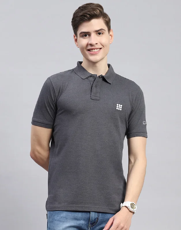 Streetwear Fusion Men Charcoal Solid Polo Collar Half Sleeve T-Shirt