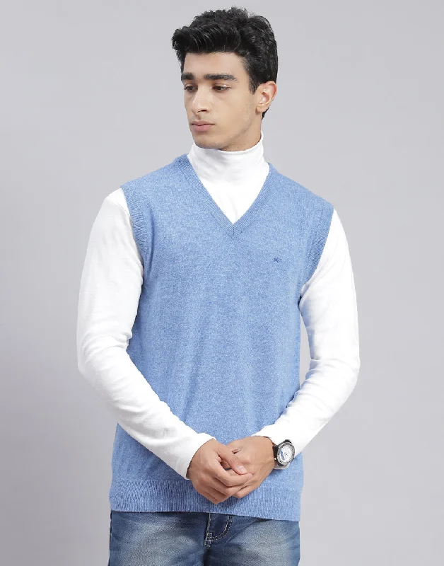 Clean Utility Men Blue Solid V Neck Sleeveless Sweater