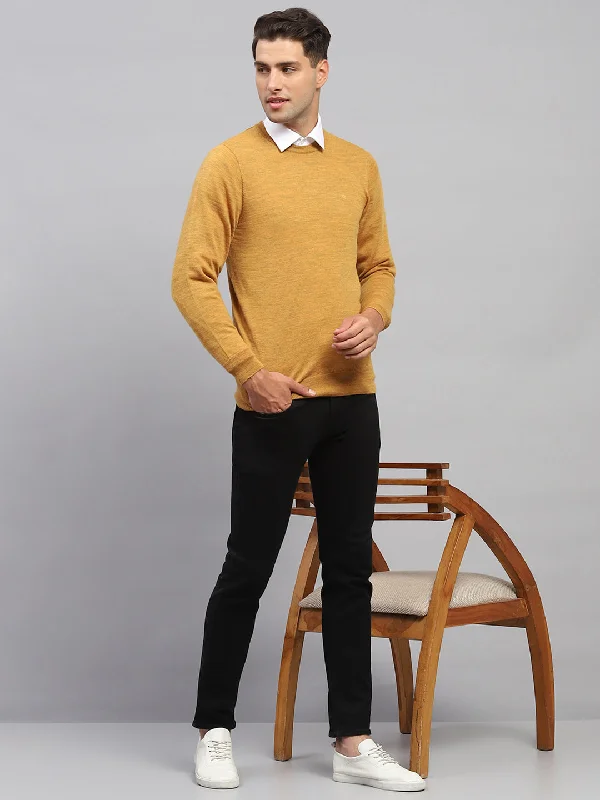 Earthy Fashion Men Mustard Solid Round Neck Full Sleeve Pullover