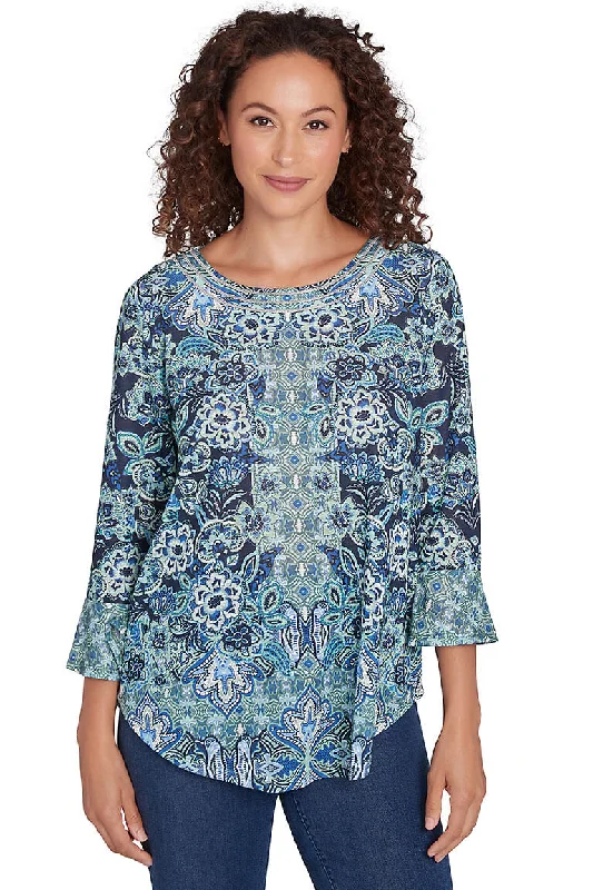 Paisley Patch Triple Strand Jeweled Neck Top