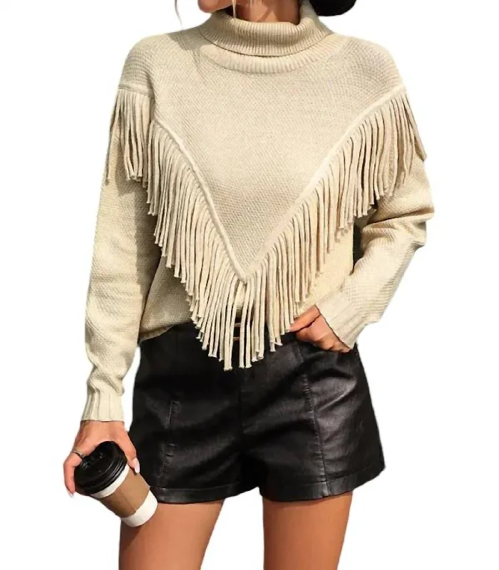 Sophisticated Casual Jogging Suits Cowgirl Fringe Turtleneck Sweater In Cream