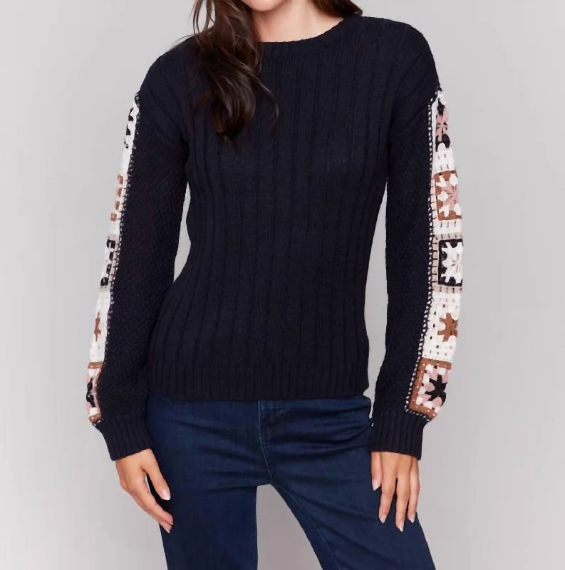 Layered Grunge Trendy Sweaters Crochet Sleeve Sweater In Navy