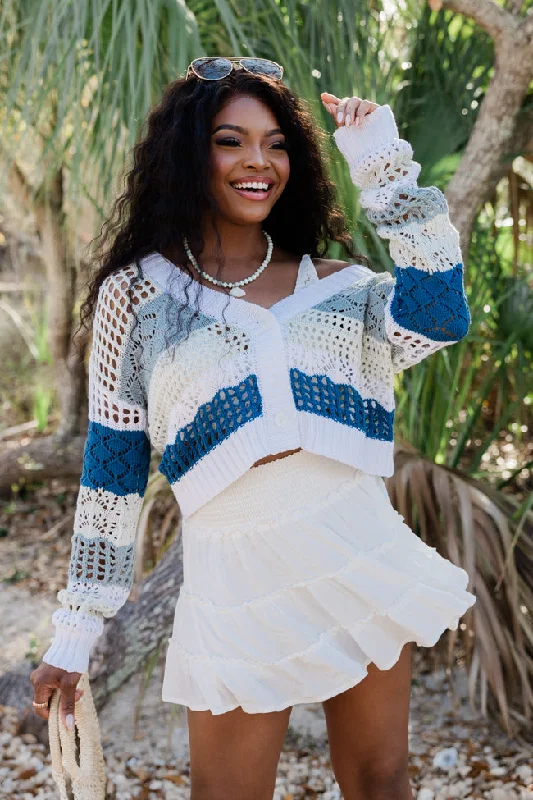 I'm On Board Blue Crochet Striped Cardigan