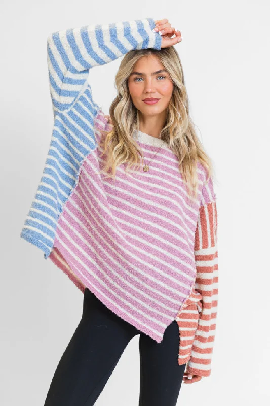 Chic Simplicity Summer Jackets Kind Hearts Dusty Pink Multi Color Block Stripe Sweater