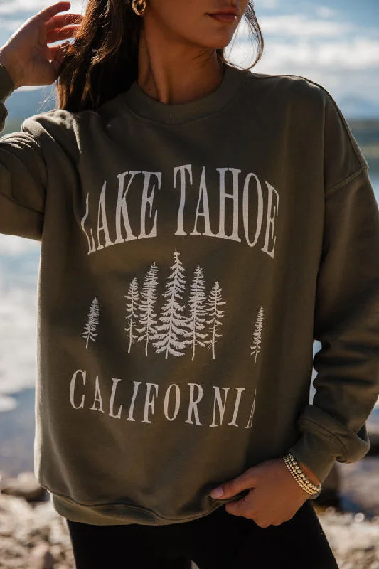 Soft Casual Classic Hoodies Lake Tahoe Olive Oversized Graphic Sweatshirt