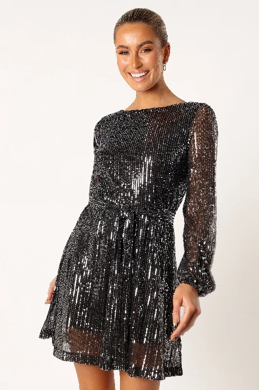 Linnie Long Sleeve Mini Dress - Black Sequin