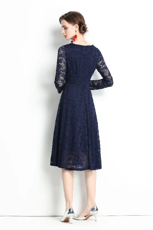 Navy Evening Lace A-line Boatneck Long Sleeve Midi Classic Dress