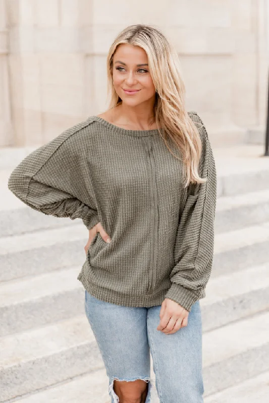 There's Something About You Olive Boat Neck Waffle Pullover FINAL SALE