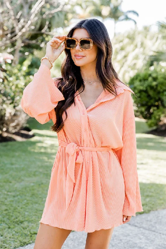 Something To Say Long Sleeve Orange Plisse Shirt Dress FINAL SALE