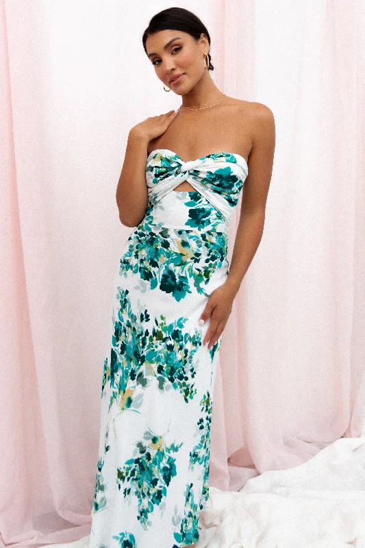 Playful Casual Monochrome Style Teagan Strapless Midi Dress - Green Floral