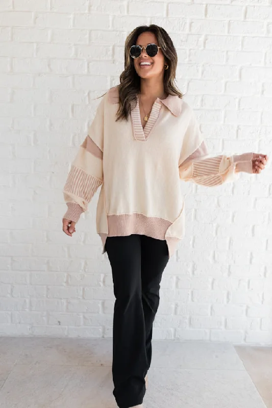 Contemporary Relaxed Statement Shirts Think About It Cream and Mauve Collared Oversized Sweater