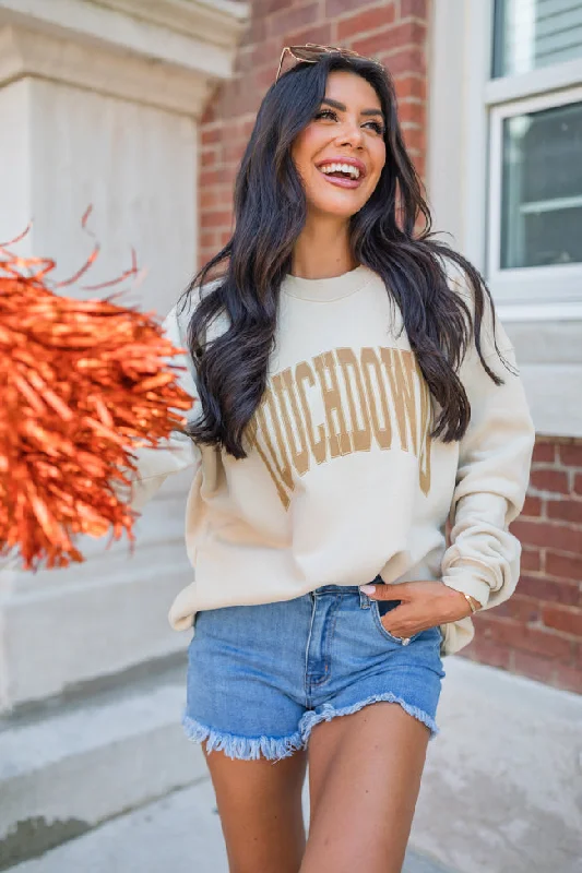 Minimal Earthy Printed Sweatshirts Touchdown Light Tan Oversized Graphic Sweatshirt