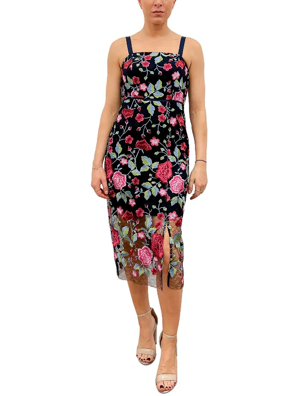 Womens Embroidered Mid-Calf Midi Dress