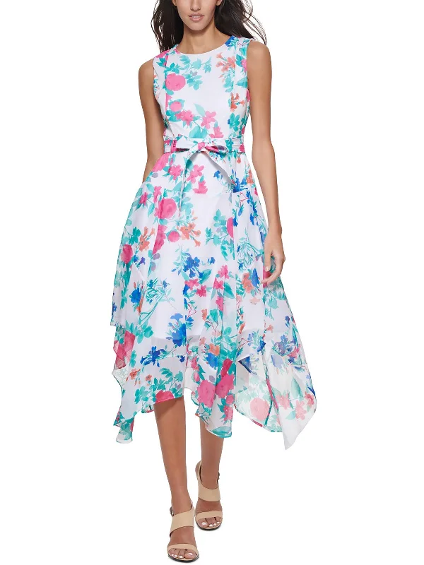 Womens Floral Print Midi Fit & Flare Dress