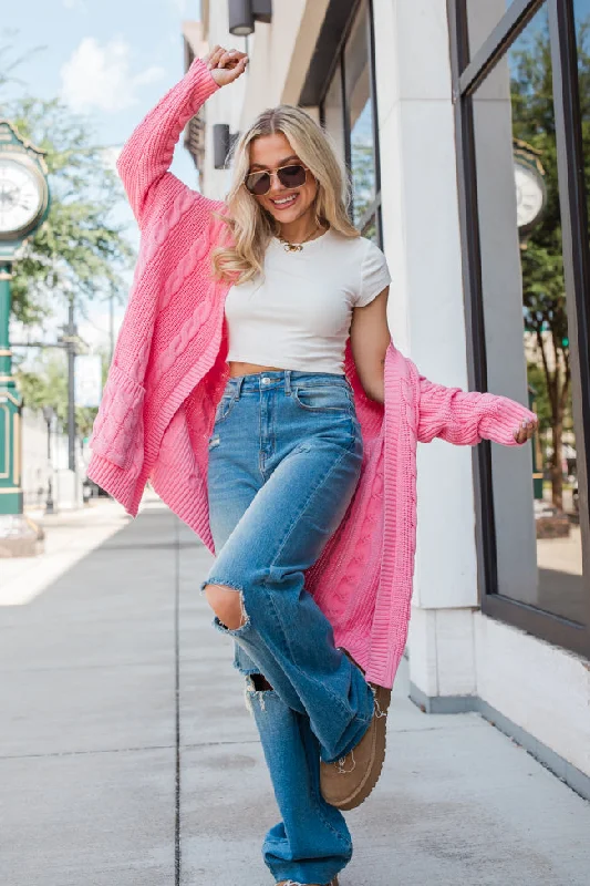 Relaxed Denim Winter Scarves Won't Change My Heart Hot Pink Cardigan