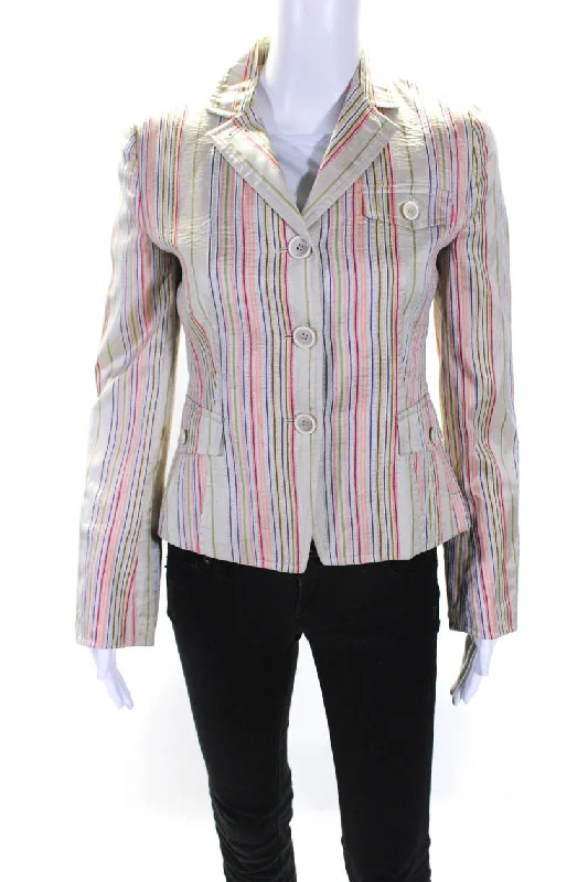 Layered Grunge Activewear Gear Akris Punto Womens Striped Satin Button Up Blazer Jacket Pink Green Silk