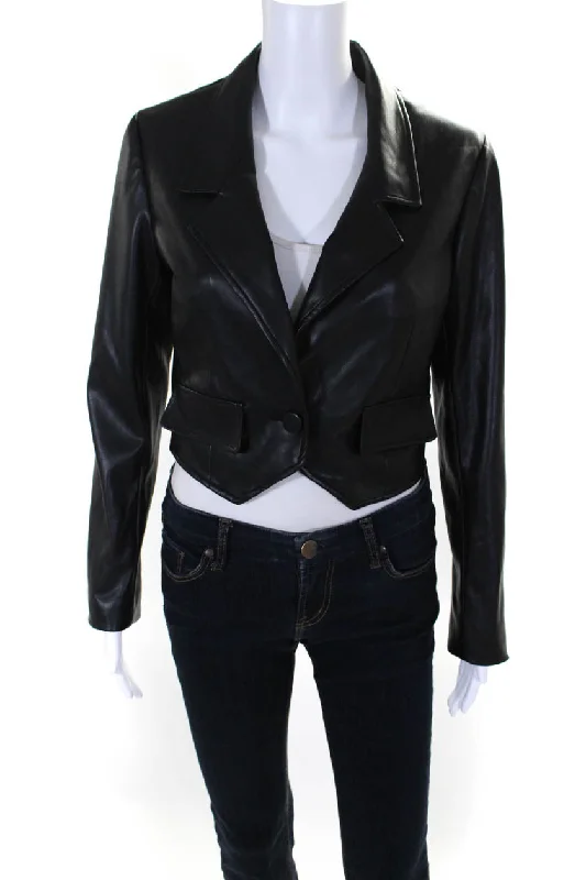 Monochrome Essentials Casual Trousers Drew Womens Bonnie Faux Leather Cropped Blazer Jacket Black