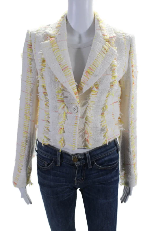 Neutral Patterns Cool Hoodies Marccain Womens Woven Eyelash Single Button Blazer White Yellow Cotton