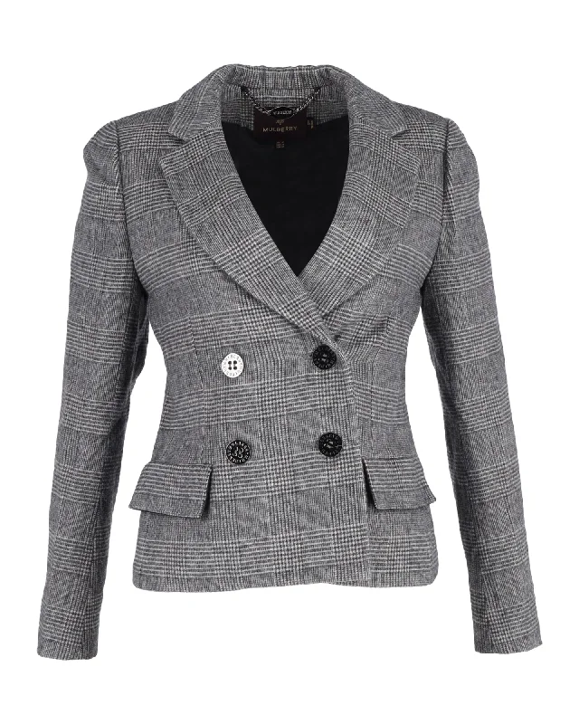 Contemporary Patterns Casual Jackets Mulberry Check Double-Breasted Blazer in Gray Wool