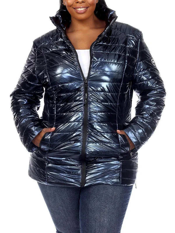 Plus Womens Quilted Metallic Puffer Jacket