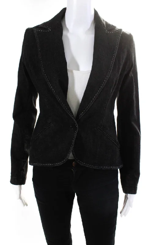 Preppy Minimalism Vintage Tees Ralph Lauren Black Label Womens Single Button Denim Blazer Jacket Gray