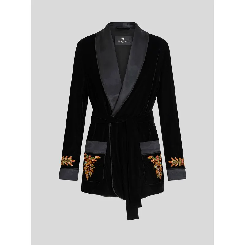 Chic Essentials Smart Casual VELVET ROBE JACKET WITH FOLIAGE EMBROIDERY