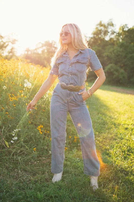 Chances Are Medium Wash Button Up Denim Jumpsuit FINAL SALE