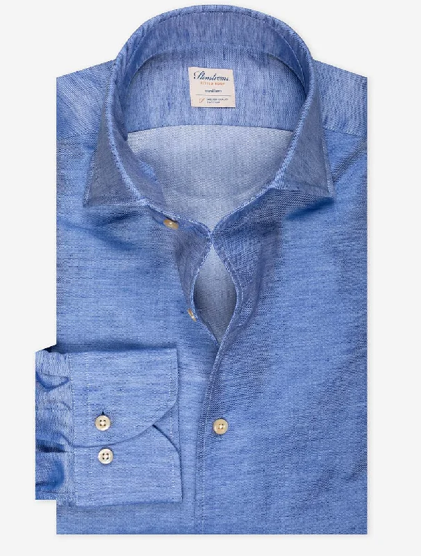 Blue Cotton Linen Blend Fitted Shirt