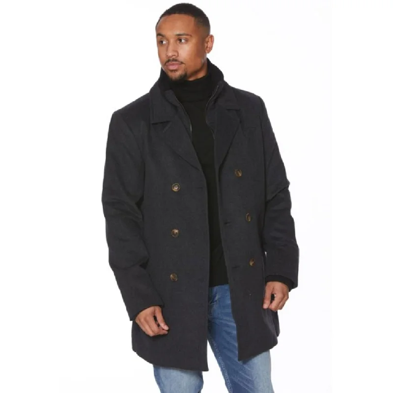 Wool and Cashmere Blend Double Breasted Button Coat with Zip-Out Wind Blocker in Charcoal by Viyella