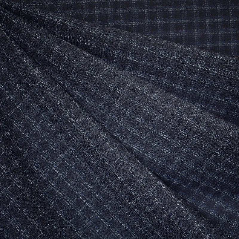 Sleek Modern Subtle Mini Window Plaid Stretch Crepe Suiting Navy